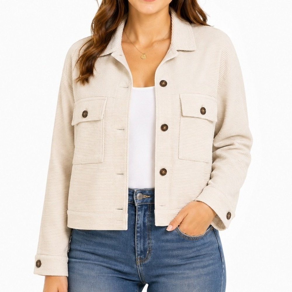 Simplee Corduroy Jacket Women Size S Cream Cropped Button Up Long Sleeve Shacket